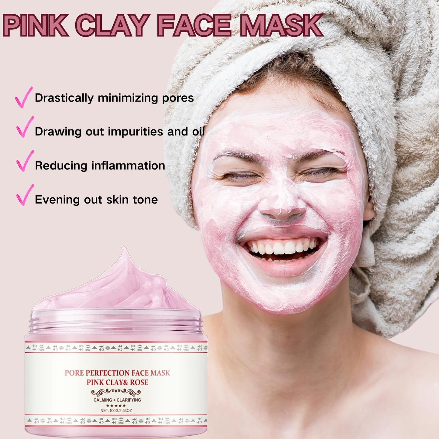 Pink Clay Mask | Organic Face Masks for Women | Rose Calming Clarifying Mud Mask | Clay Face Mask with Bentonite & Kaolin Clay | Pore Minimizer, Deep Cleansing & Hydrating Facial Skincare
