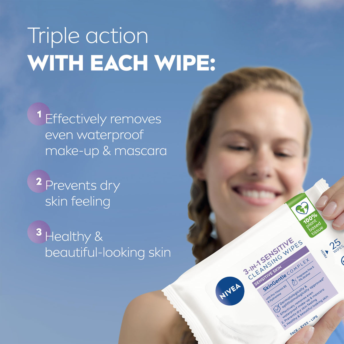 NIVEA 3in1 Sensitive Cleansing Wipes (25 Sheets), Plant-Based Makeup Remover Sheets, Face Wipes for Sensitive Skin, Gentle yet Effective Makeup Removal (Pack of 6)