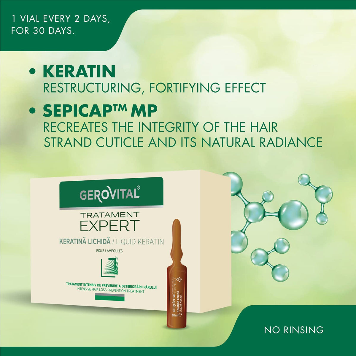 GEROVITAL Gerovital Tratament Expert, Liquid Keratin, Serum Hair Care Hair Regenerating Care for Fragile, fine, devitalized Hair, 10 ampoules x 10 ml