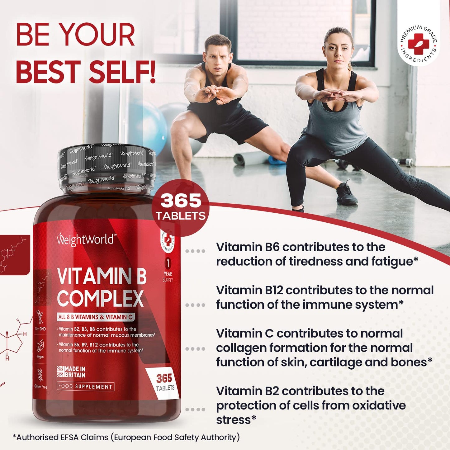 Vitamin B Complex High Strength - 365 Vegan Tablets (1 Year Supply) - Blend of 8 B Vitamins & Vitamin C - One A Day - No Fillers - Folic Acid, Biotin, B1, B2, B3, B5, B6, Vitamin B12 Supplement