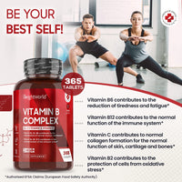 Vitamin B Complex High Strength - 365 Vegan Tablets (1 Year Supply) - Blend of 8 B Vitamins & Vitamin C - One A Day - No Fillers - Folic Acid, Biotin, B1, B2, B3, B5, B6, Vitamin B12 Supplement