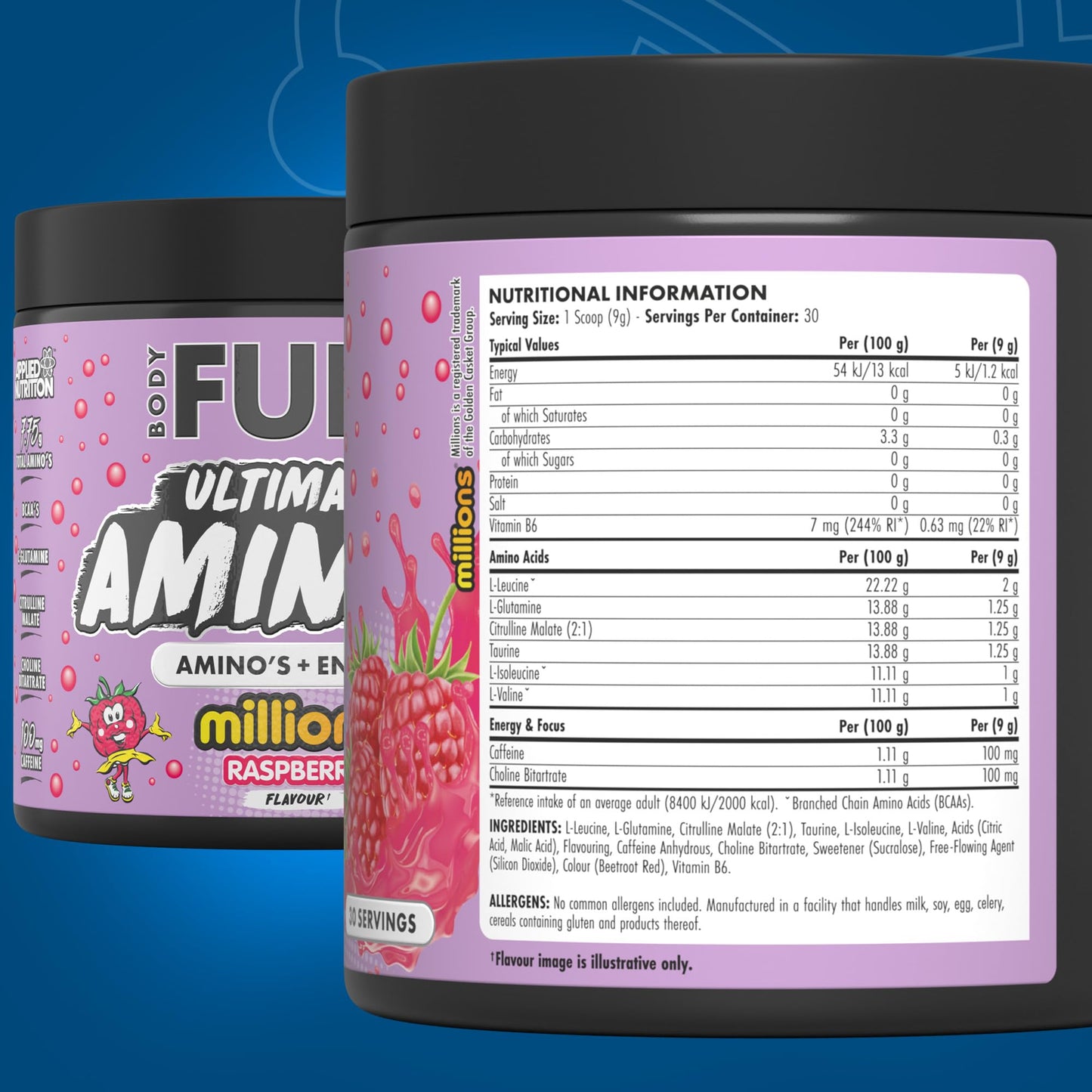 Applied Nutrition BodyFuel Amino's - Amino Acids Supplement, EAA Essential Amino Acids Powder, Muscle Fuel & Recovery (270g - 30 Servings) (Millions Raspberry)