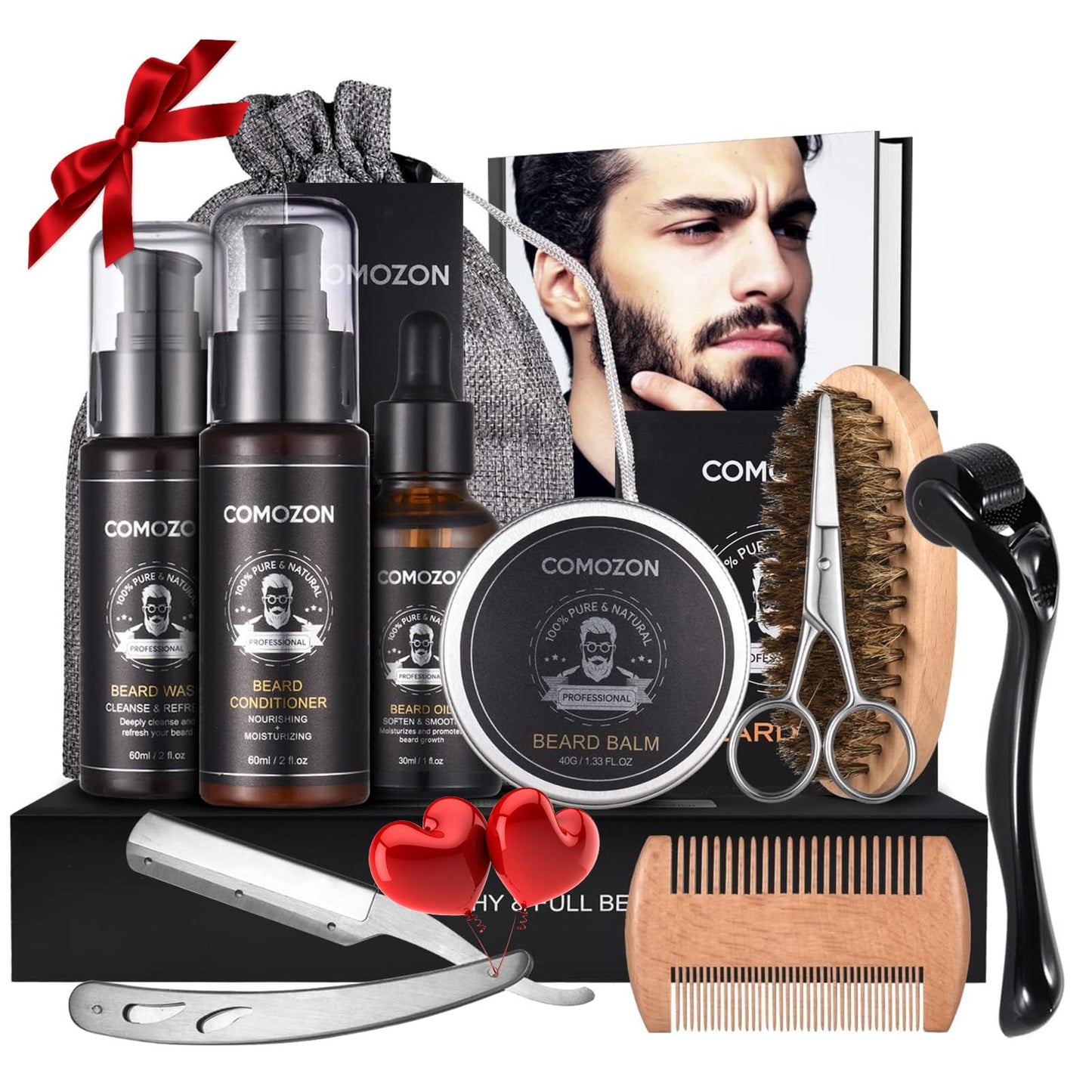 comozon Beard Grooming Kit for Men, 12 in 1 Beard Kit Men Gifts with Beard Roller, Beard Set with Beard Oil, Beard Shampoo, Beard Conditioner, Beard Brush, Beard Balm, Beard Comb, Scissors, Gifts for Him