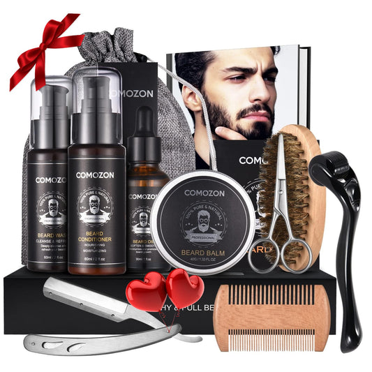 comozon Beard Grooming Kit for Men, 12 in 1 Beard Kit Men Gifts with Beard Roller, Beard Set with Beard Oil, Beard Shampoo, Beard Conditioner, Beard Brush, Beard Balm, Beard Comb, Scissors, Gifts for Him