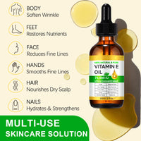 100% Pure Vitamin E Oil for Skin, Hair & Face, Body Bath Oils Moisturizing Dry Skin, Easy to Absorb, Non-GMO & Vegan, 2Fl Oz