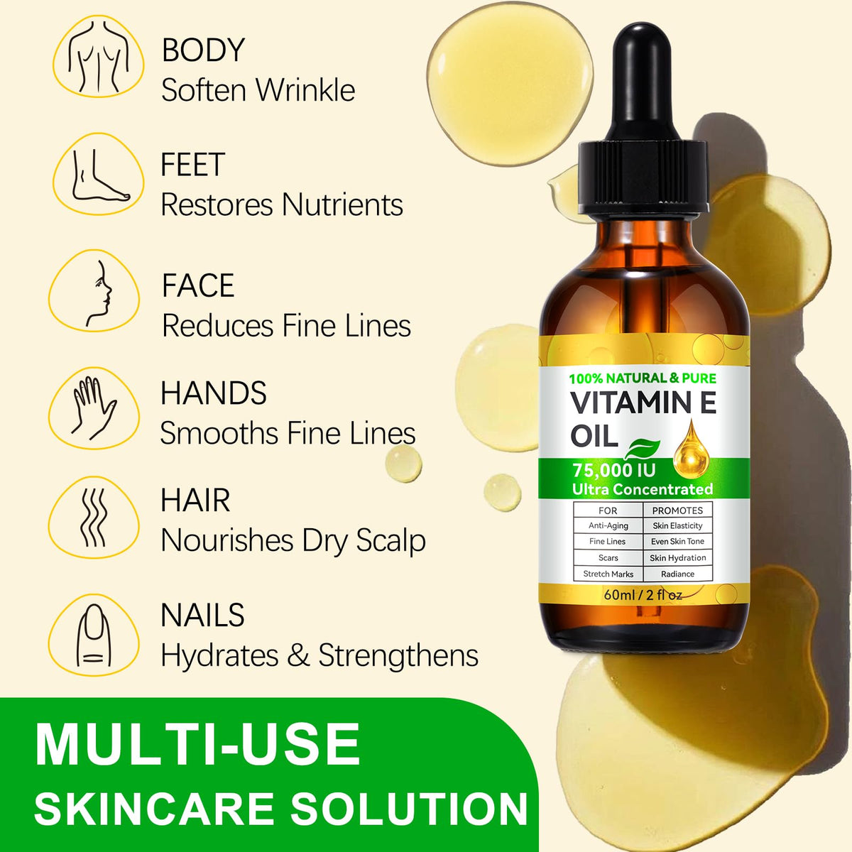 NBXINSLF 2Pack Natural Vitamin E Oil for Skin, 75,000 IU Ultra Concentrated Vitamin E Oil for Face, Hair and Scars, Moisturizing Dry Skin Oils, Promotes Elasticity