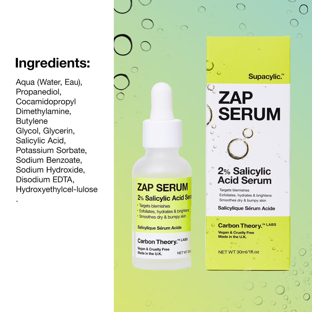 Carbon Theory Supacylic Face Serum - Salicylic Acid Serum - Targets Blemishes, Dry Skin - Acne Treatment & Blemish Treatment - Vegan Facial Exfoliator Serum - 30ml