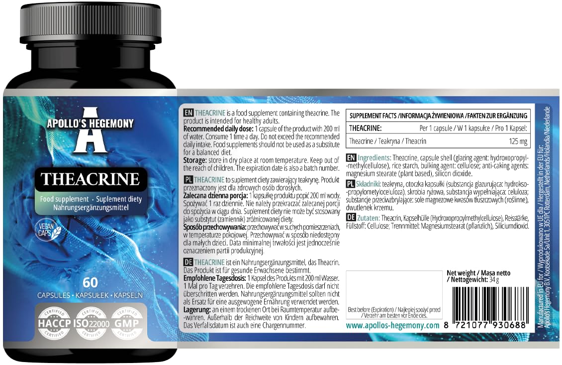 APOLLO'S HEGEMONY Theacrine 125mg - 60 Vegan Capsules - Natural Alkaloid from Tea for Enhanced Focus and Energy - 2 Month Supply - Diet Supplement from Apollo's Hegemony