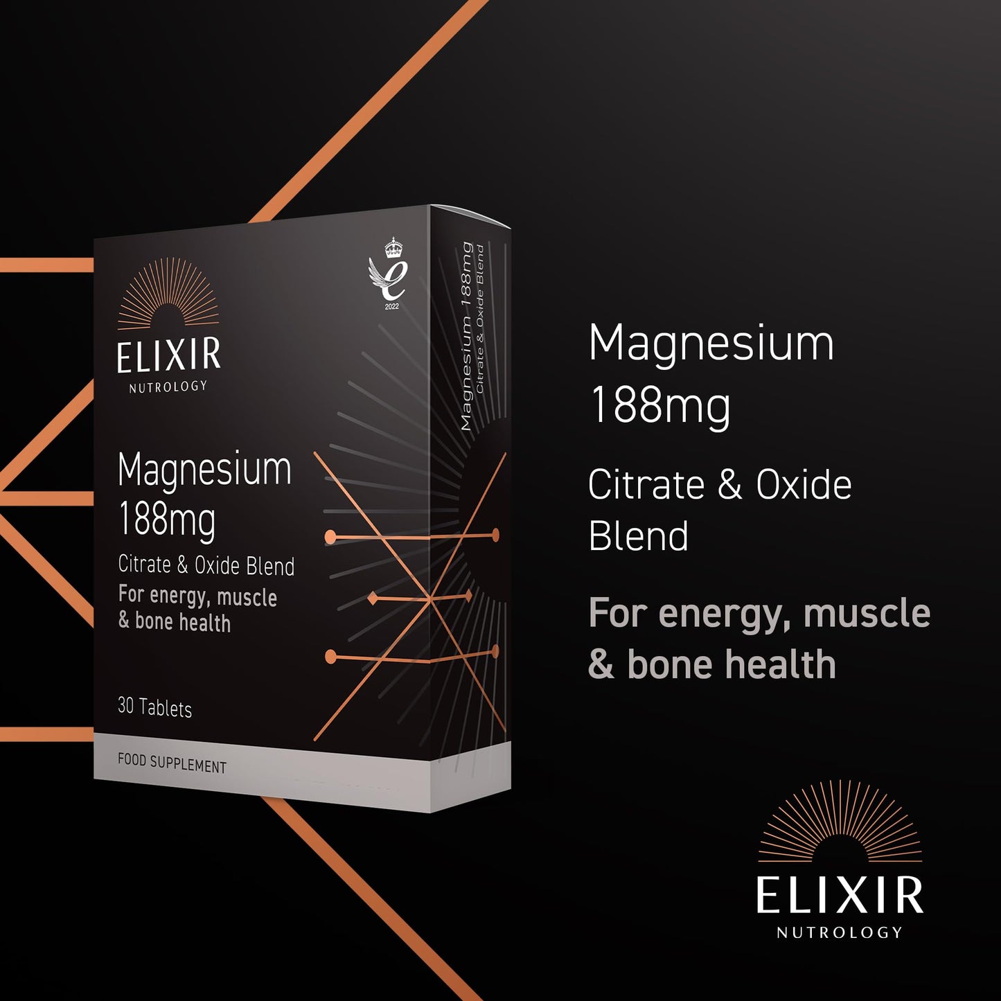 ELIXIR NUTROLOGY Magnesium 188mg Tablets | Supports Energy Metabolism & Muscle Function | Helps Maintain Normal Bones & Reduce Tiredness | Dual Source Magnesium Citrate & Oxide | 30 Vegan Tablets | UK Made