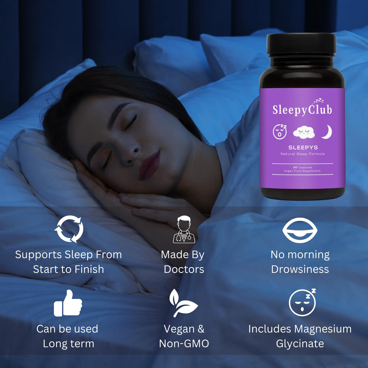 Sleepyclub Advanced Sleep Complex | 6 High Strength Sleep Support Ingredients | Magnesium Glycinate | Suitable for Long Term Use | 1 Month Supply of Sleeping Tablets | Vegan