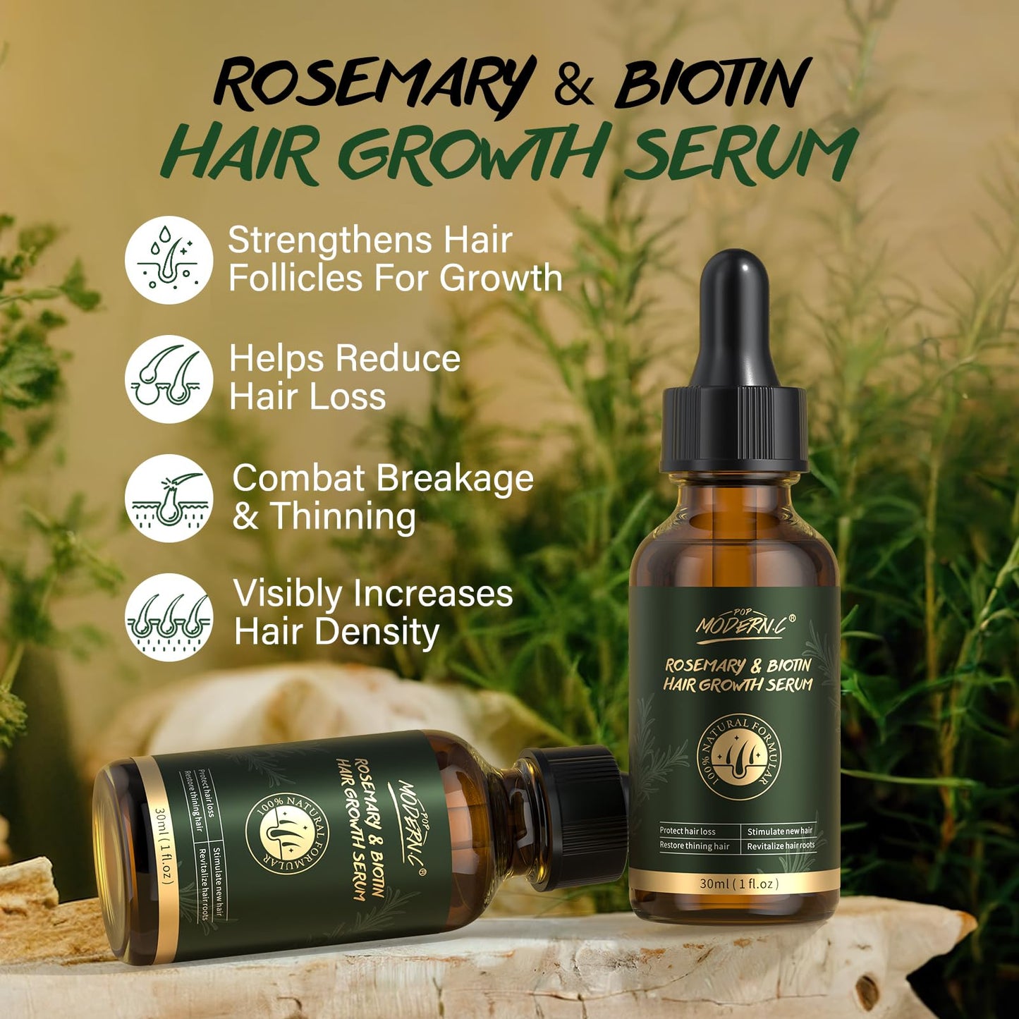 POP MODERN.C Rosemary & Biotin Hair Growth Kit, Rosemary Oil for Hair Growth witn Derma Roller & Scalp Massager Hair Thickening Products Hair Loss Treatment for men for Men Women, 30 ml Pack of 2