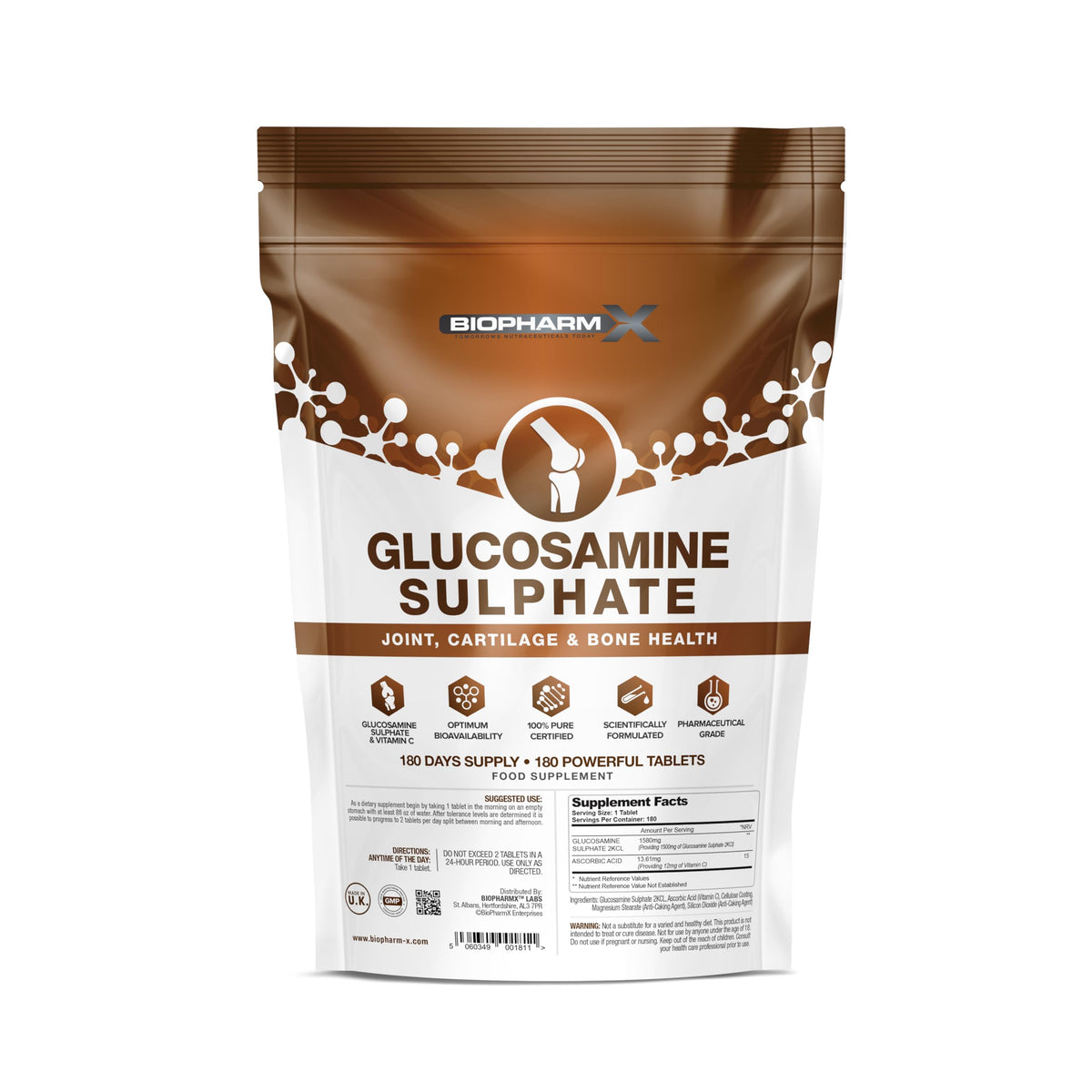 Biopharm-X 1500mg Glucosamine Sulphate 2KCL + Vitamin C (180 Tablets - 1 Per Day / 6 Month Supply)