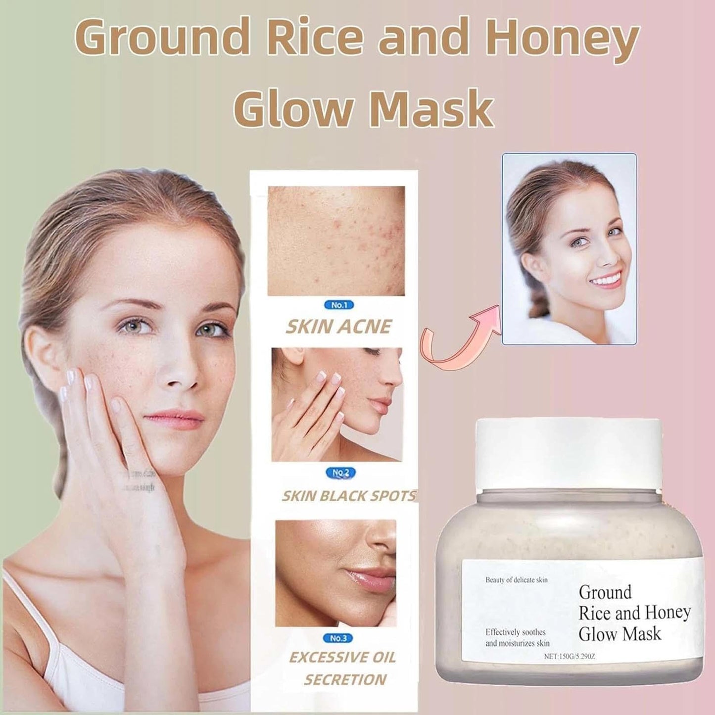 Honey Glow Clay Mask with Ground Rice, Pore Minimizing & Brightening Face Mask, Hydrating & Deep Cleansing, Reduction, Skincare