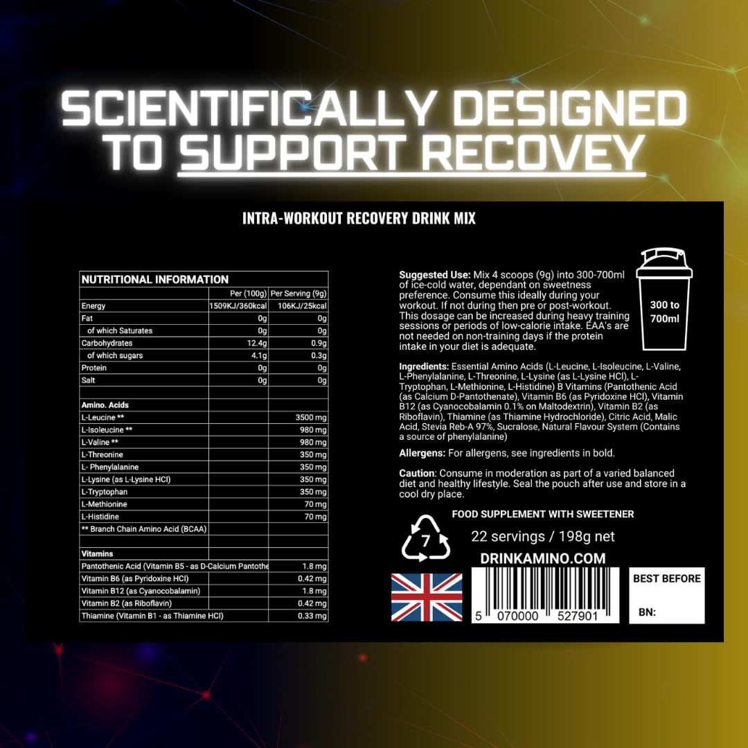 Amino Recovery - EAA & BCAA Intra Workout Powder - 7000mg EAA Amino Acid Recovery Drink & BCAA Powder - Protect Muscle & Aid Recovery - Sugar Free & Vegan (Apple, 22 Servings)