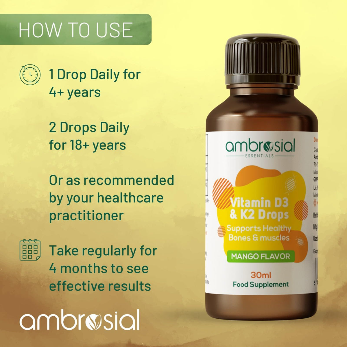AMBROSIAL Ambrosial Vitamin D3 + K2 Drops – High Strength Liquid Supplement for Adults & Kids – 500 IU Vitamin D3 + 50 mcg Vitamin K2 – Mango Flavour, Gluten Free, Non-GMO, Easy-to-Take Vitamin D Liquid – 30 ml