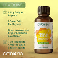 AMBROSIAL Ambrosial Vitamin D3 + K2 Drops – High Strength Liquid Supplement for Adults & Kids – 500 IU Vitamin D3 + 50 mcg Vitamin K2 – Mango Flavour, Gluten Free, Non-GMO, Easy-to-Take Vitamin D Liquid – 30 ml