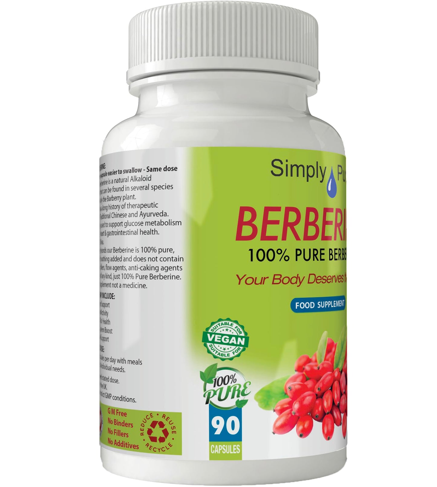 Simply Pure 100% Natural Berberine Capsules x 90, 500mg, Gluten Free, GM Free, Vegan