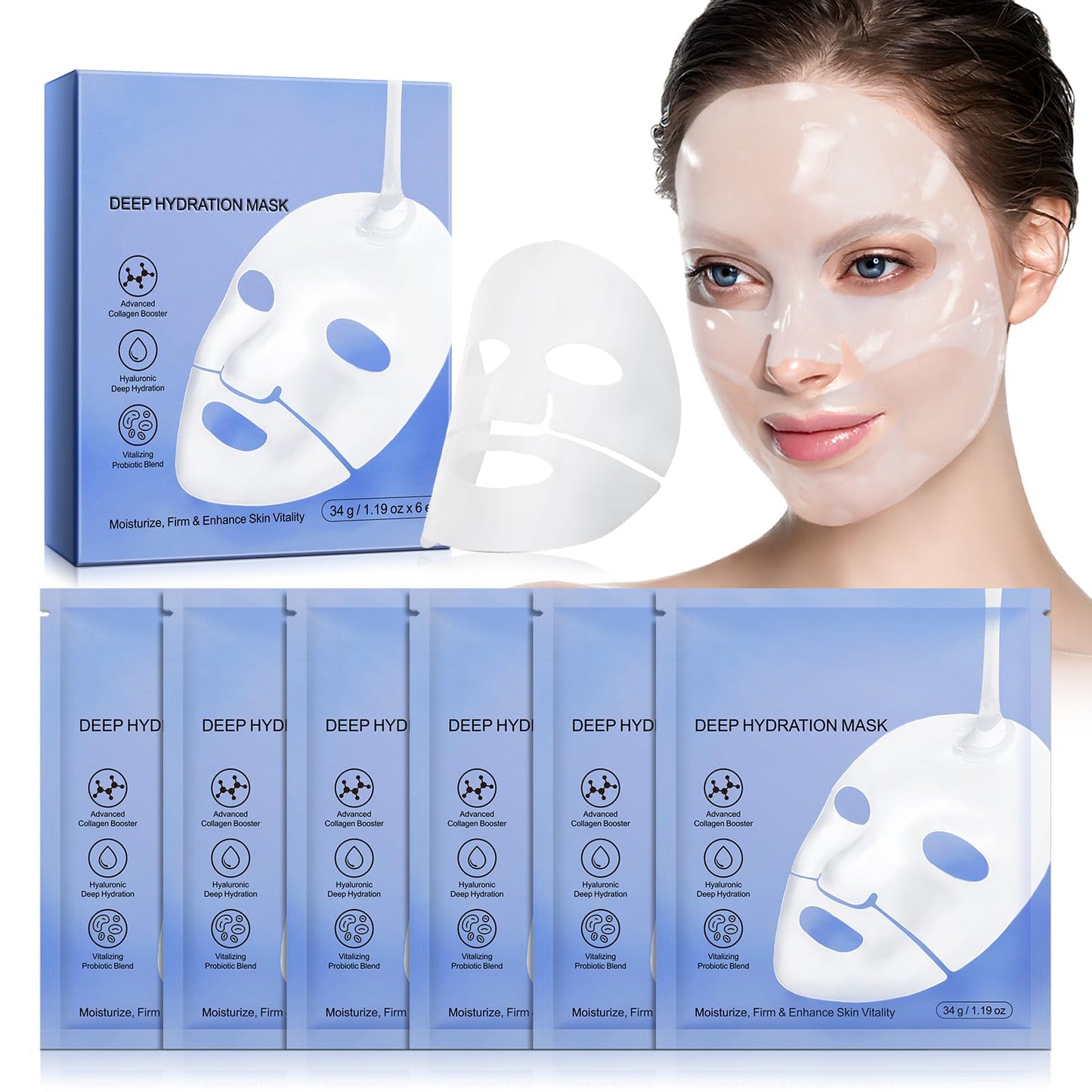 Collagen Deep Hydration Mask with Vitalizing Probiotic Blend, Hyaluronic Acid & Advanced Collagen Booster - Moisturizes, Firms & Enhances Skin Vitality - Anti-Aging Face Mask - 6-Pack