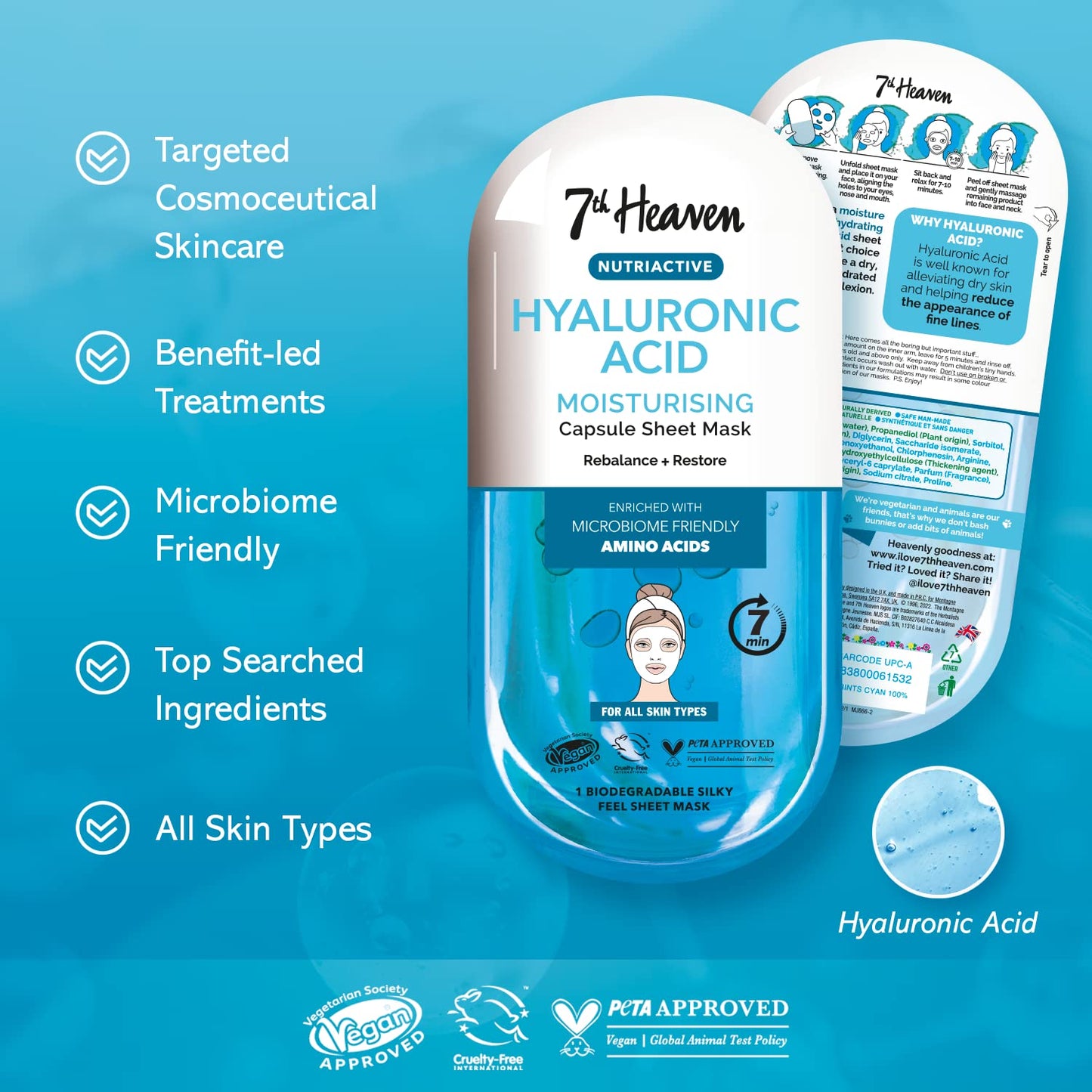 7th Heaven Nutriactive Skincare - 3 Face Sheet Masks - Hyaluronic Acid, Vitamin C and Retinol