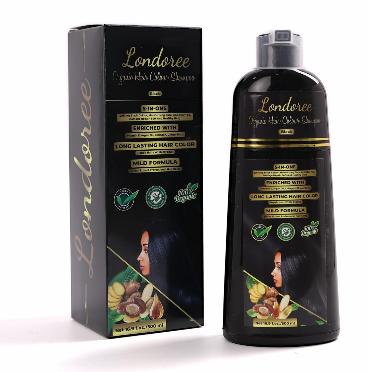 Londoree 5-in-1 Hair Dye Shampoo for Gray Hair - Ammonia-Free with Vitamin E, Argan Oil & Collagen - Moisturizes, Repairs, and Colours in 15 Minutes - 500 ML