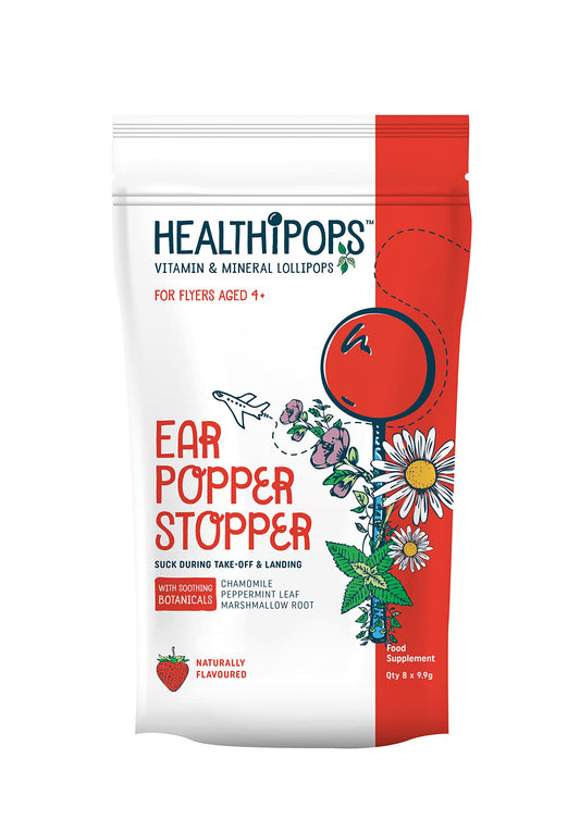 Healthipops Vitamin & Mineral Lollipops Ear Popper Stopper Suitable for Ages 4+ with Added Soothing Botanicals, Chamomile, Peppermint Leaf and Marshmallow Root, Strawberry Flavour 8 Lollipops