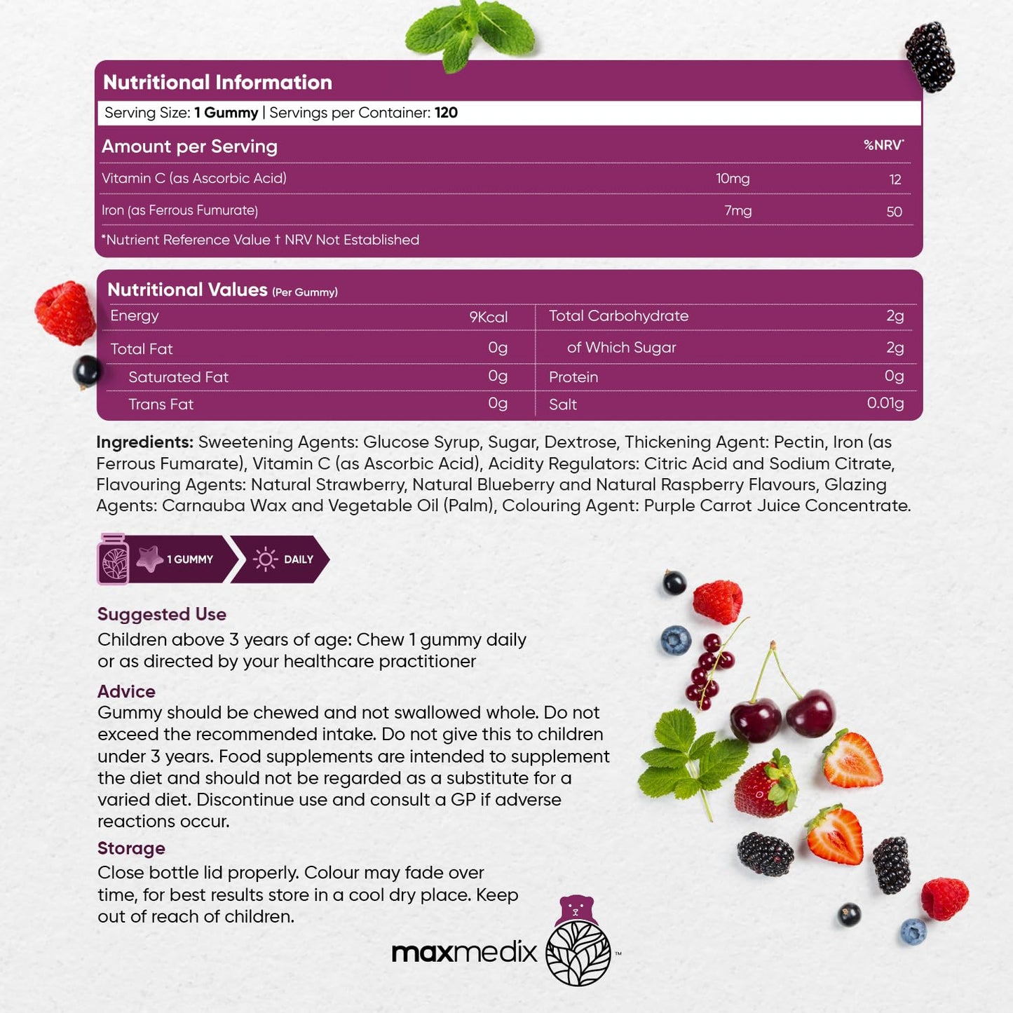 Iron & Vitamin C Gummies for Kids - 4 Months Supply - 120 Gummies - Natural Mixed Berry Flavour - Kids Iron Gummies for Energy & Immune System - Vegan Iron Supplements for Kids - No Aftertaste