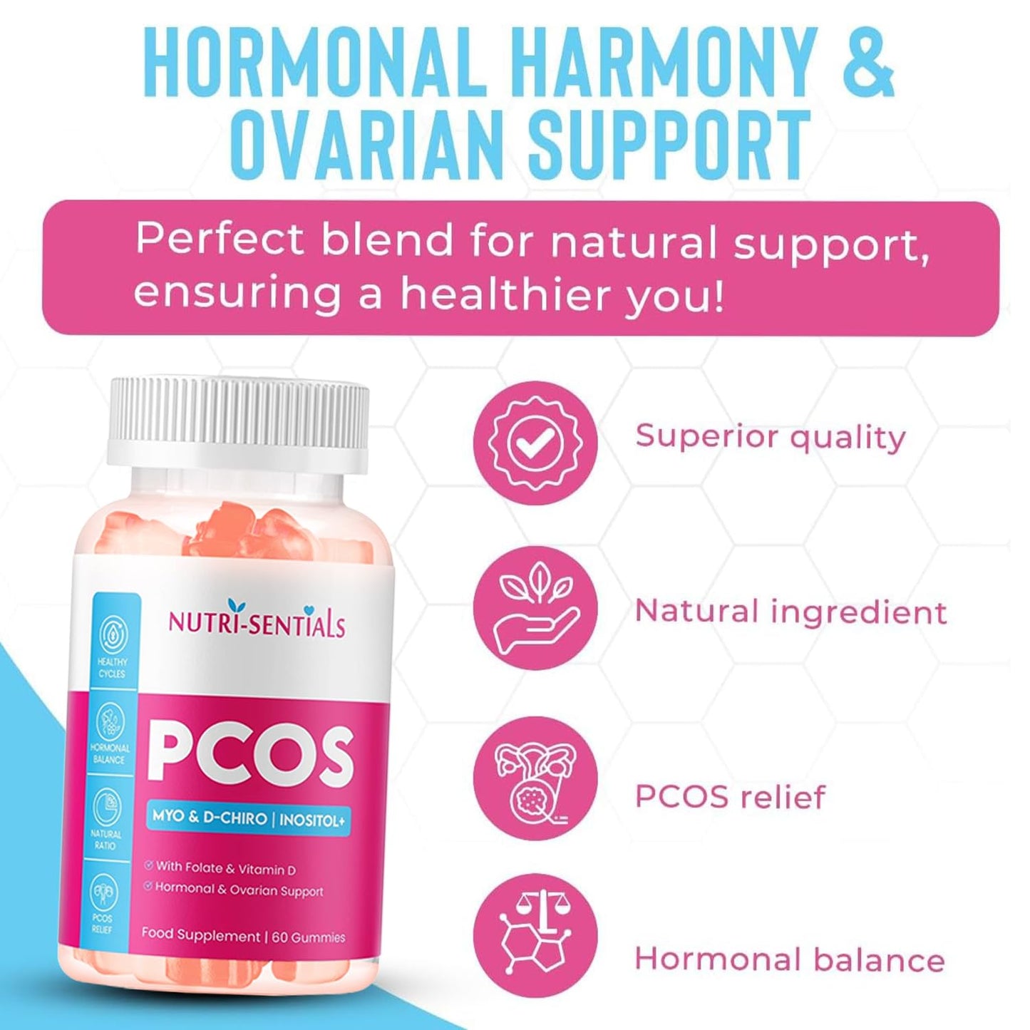 Myo-Inositol & D-Chiro Inositol Gummies- Myo & D-Chiro Inositol Supplement with Folate & Vitamin D- Natural Ratio Ovarian Support Women Hormone Balance Blend- PCOS Supplements for Women- 60 Gummies