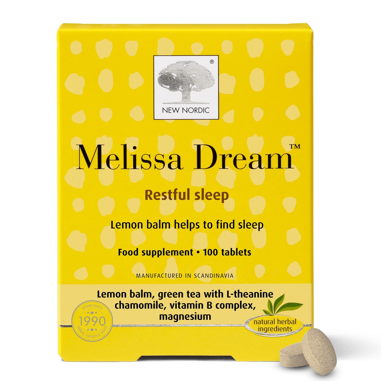 New Nordic Ltd New Nordic Melissa Dream - Melatonin-Free Natural Sleep Aid & Insomnia Relief for Adults - Magnesium & Chamomile - 100 Herbal Sleeping Tablets