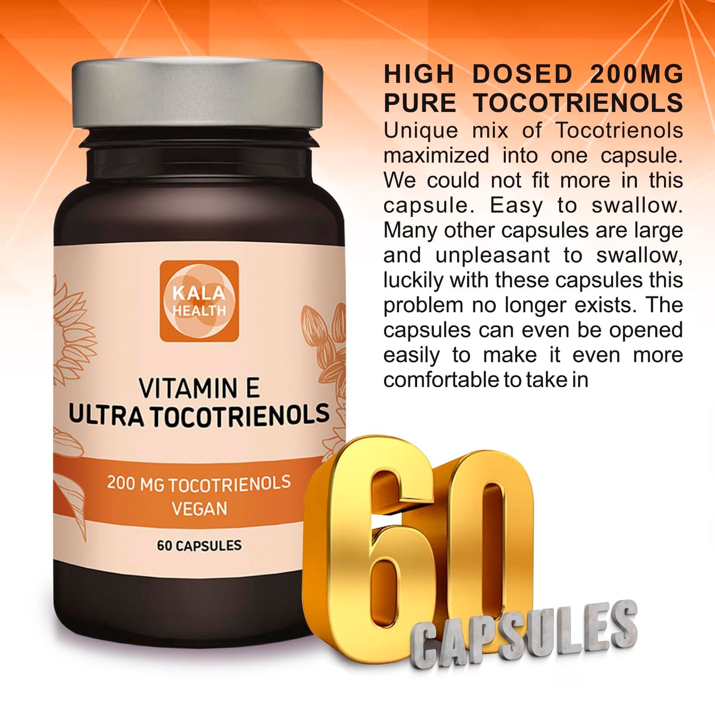 Kala Health Ultra Tocotrienol 200mg Vitamin E Vegan – All 4 tocotrienols - Alpha Tocotrienol + Beta Tocotrienol + Gamma Tocotrienol + Delta Tocotrienol – No Tocopherols - Unique Tocotrienol Complex