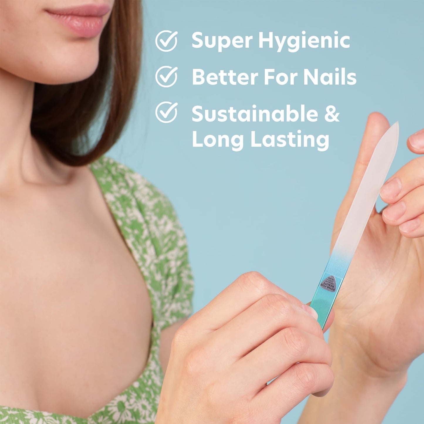 Bona Fide Beauty Czech Glass Nail File for Natural Nails, Single Crystal Nail File with Hardcase. Made in the EU. (Aqua)