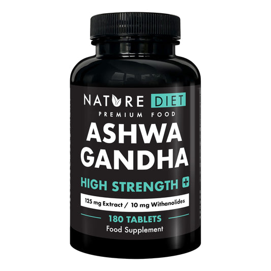 Ashwagandha High Strength Plus | 125 mg Root Extract with 10 mg Withanolides | 180 Vegan Tablets | 6-Month Supply | Supports Stress & Anxiety Relief, Better Sleep, and Energy Balance | by Nature Diet