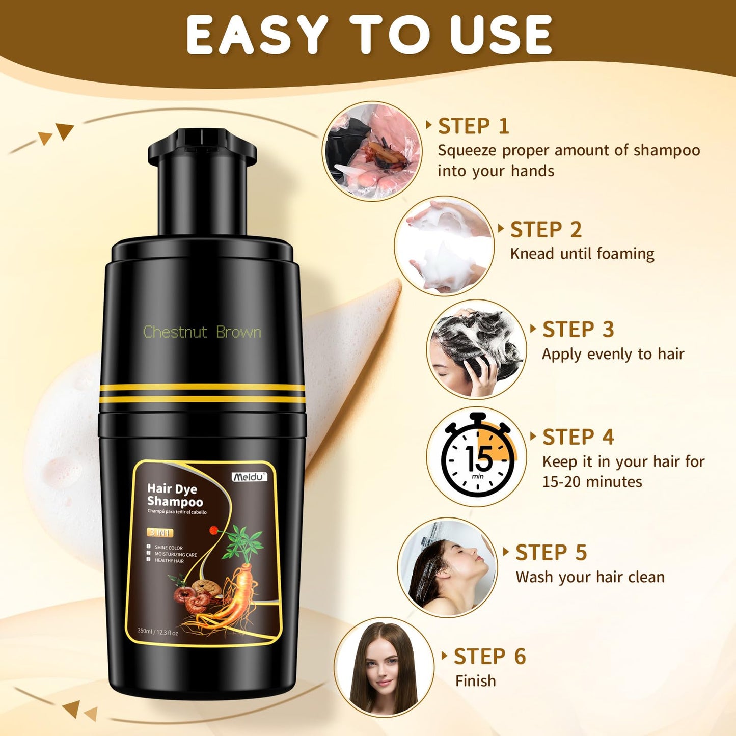 IIIMEIDU Black Hair dye Shampoo 3 in 1, Natural Hair Color Shampoo for Gray Hair, Herbal Hair Dye Shampoo for Women and Men 100% Grey Hair Coverage,350ml (Chestnut brown)