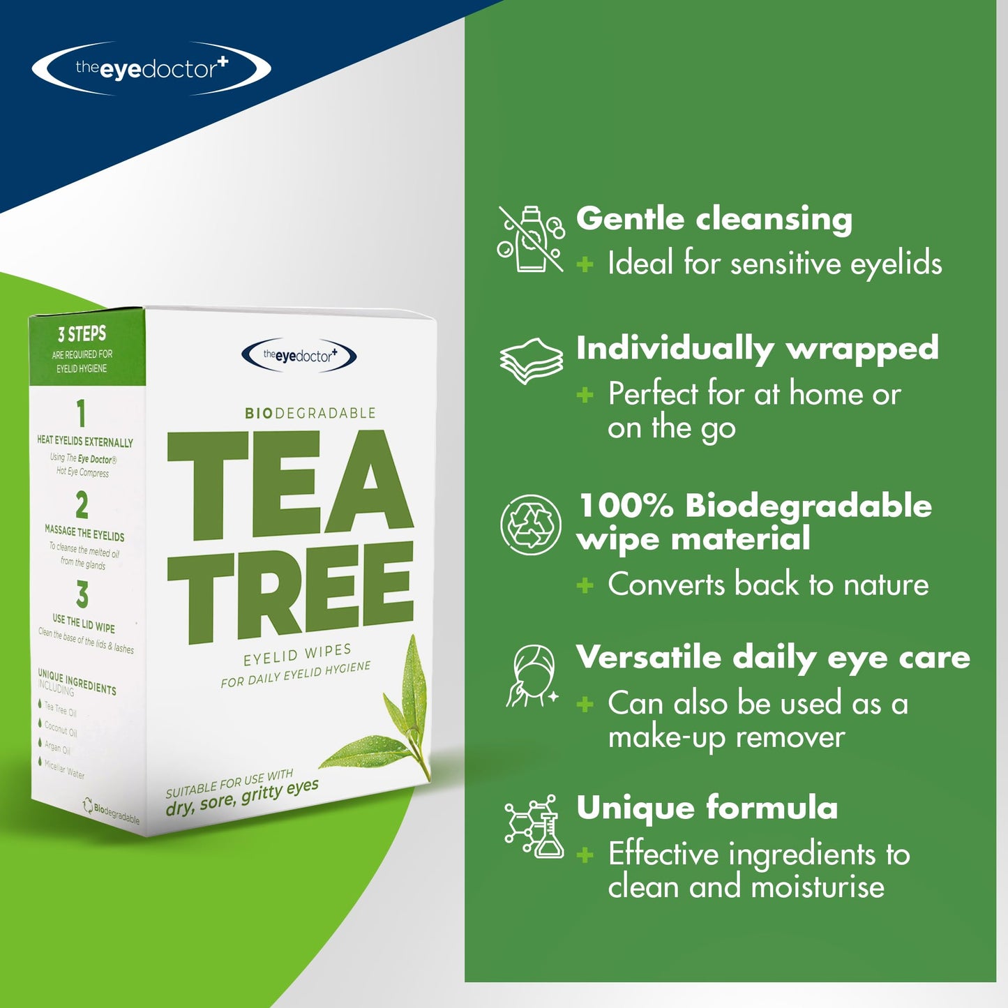 The Eye Doctor Tea Tree Oil Eyelid Wipes - 40 x Single Use Eye Cleaning Wipes for Daily Lid Care - Individual Preservative Free Sensitive Eye Cleaner - Soothes Cleans and Refreshes