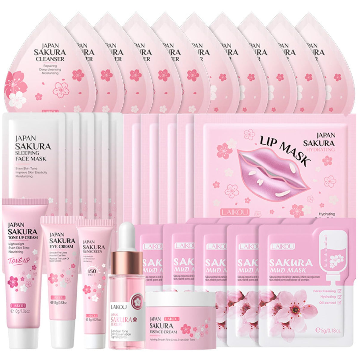 IZBEAUVO Sakura Skincare Set | 30PCS Facial Cleanser Set for Teenage Girls | Pamper Gift Sets with Cream, Serum, Toner, Eye Cream, Lip Mask, Mud Mask, Sleep Mask | Japanese Cherry Blossom Skincare Gift Box