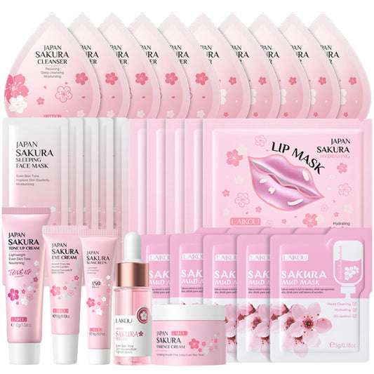 IZBEAUVO Sakura Skincare Set | 30PCS Facial Cleanser Set for Teenage Girls | Pamper Gift Sets with Cream, Serum, Toner, Eye Cream, Lip Mask, Mud Mask, Sleep Mask | Japanese Cherry Blossom Skincare Gift Box