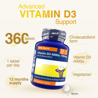 Zipvit Vitamin D3 4000 IU, 360 Maximum Strength Vitamin D Tablets, 12 Months Supply, Vegetarian, 1 a Day, VIT D3 As Cholecalciferol, Supports Bones Muscles, Immune System
