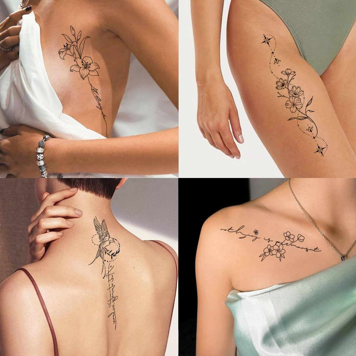 CHARLENT Temporary Tattoos for Women Girls - 45 Pcs Line Flower Words Sketch Realistic Long Last Fake Tattoo Waterproof Minimal Line Art Tattoo for Arm Backbone Leg Body