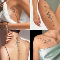 CHARLENT Temporary Tattoos for Women Girls - 45 Pcs Line Flower Words Sketch Realistic Long Last Fake Tattoo Waterproof Minimal Line Art Tattoo for Arm Backbone Leg Body