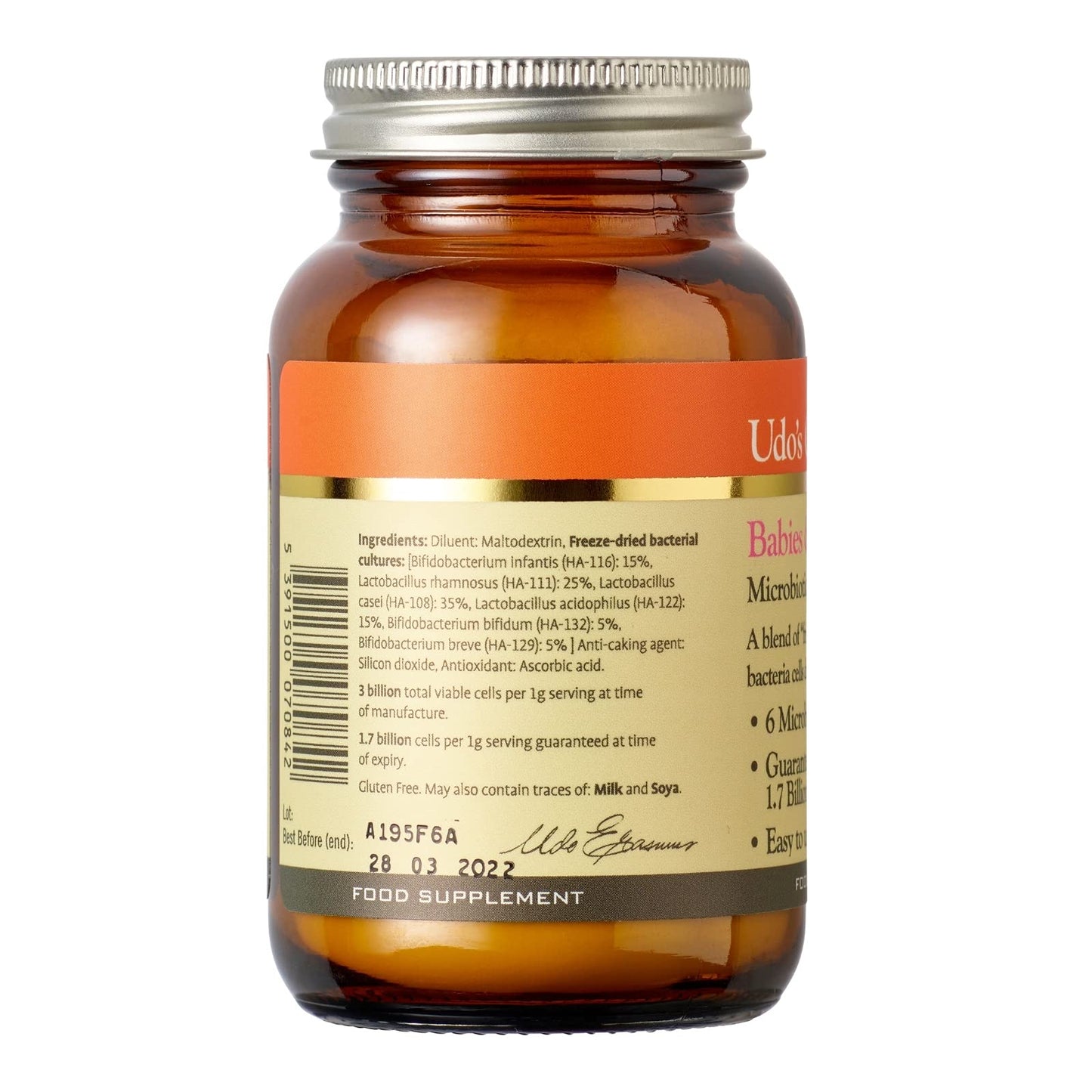 Udo's Choice Babies & Toddlers Blend Probiotics - 6 Microbiotic Strains - Lacto & Bifido Bacteria - Easy to Use Powder - Infants 0-5yrs - 75g Powder