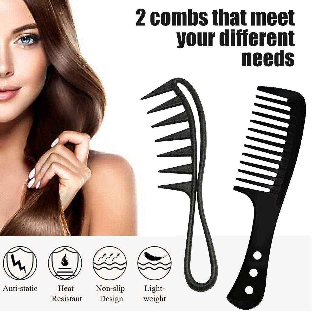 QINCAWIN 2 Pcs Wide Tooth Comb for Curls, Large Teeth Shark Hair Comb, Hair Comb Shark Teeth Hair Hairstyle Tool for Curly Wet Wavy Thick Hair Wigs Barber Salon Curl Comb Women Men(Black)