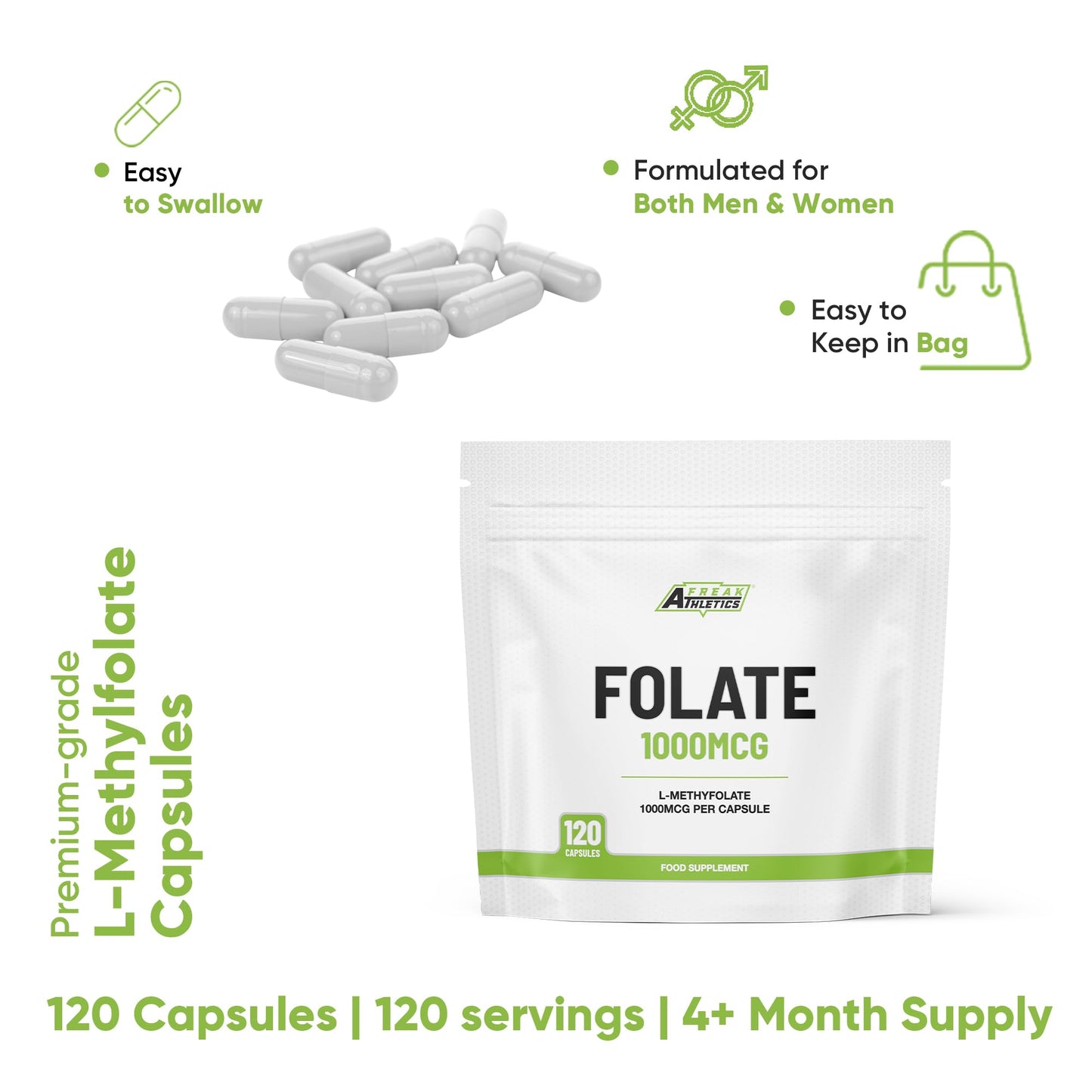 Freak Athletics Folate 1000mcg (L-Methylfolate) 120 Capsules, 5-MTHF Active Form of Folic Acid/Vitamin B9, UK Made