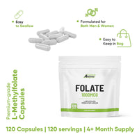 Freak Athletics Folate 1000mcg (L-Methylfolate) 120 Capsules, 5-MTHF Active Form of Folic Acid/Vitamin B9, UK Made