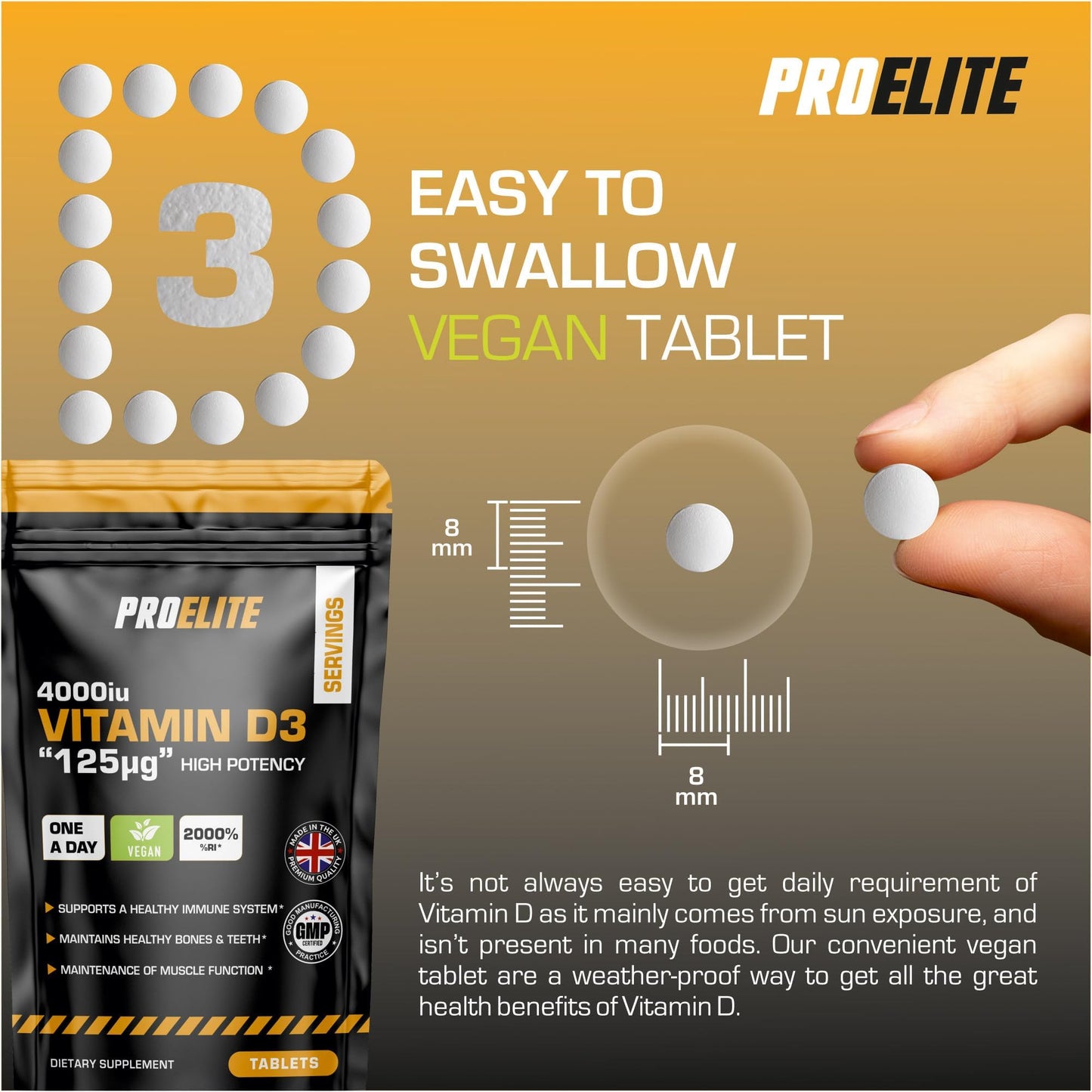 Vitamin D3 4000 iu 180 Vegan Tablets - 6 Months Supply | High Strength Vitamin D Supplement for Immune System, Bone & Muscle Support | Made in UK & Gluten Free by PROELITE