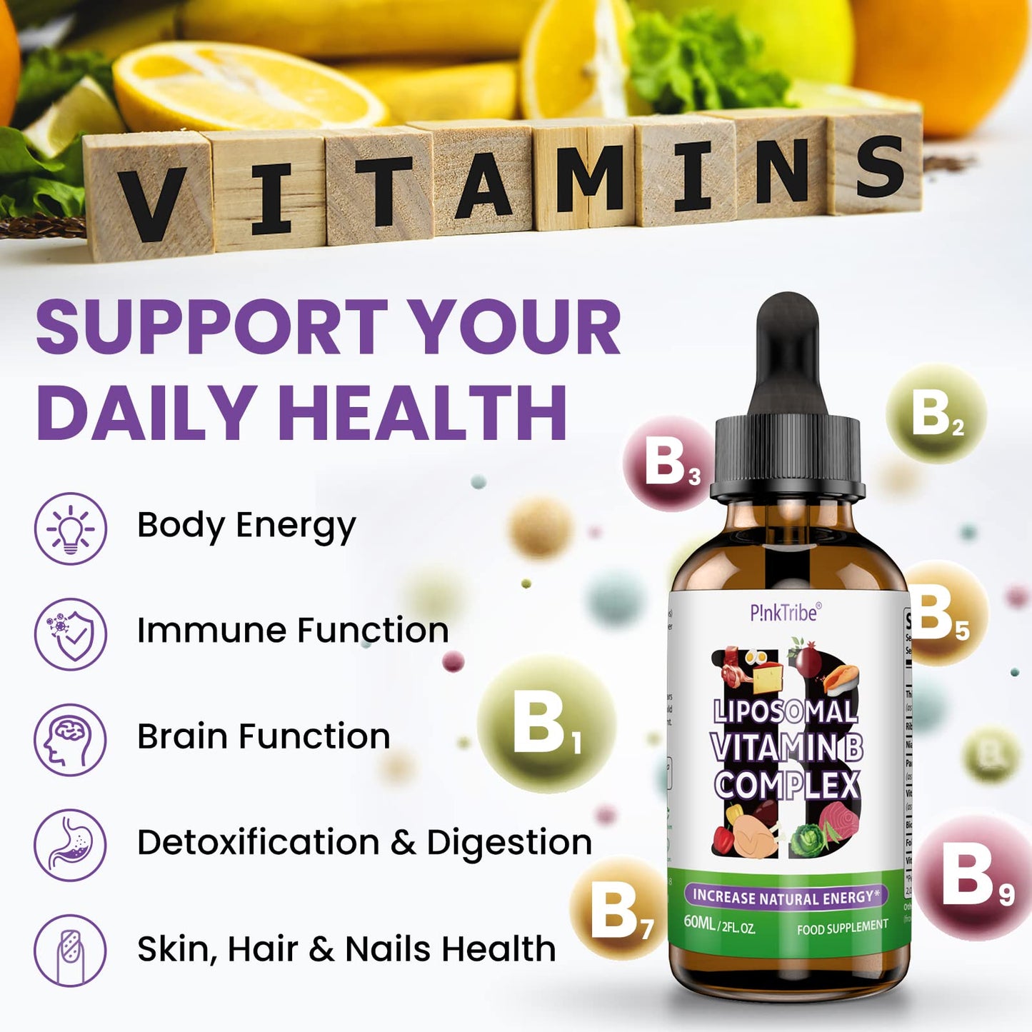 P!nkTribe Liposomal Vitamin B Complex Liquid - High Strength B-Vitamin Complex Drops, Supports Immune System and Energy Levels, 60ml (Pack of 1)