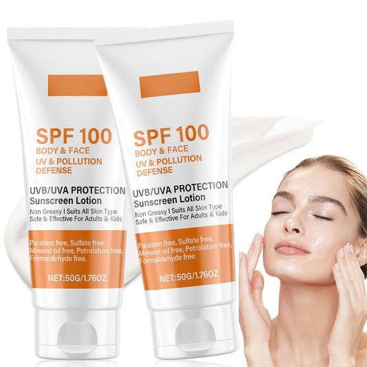2Pcs Sunscreen SPF 100, Ultra Light UV Protetion Face Sunscreen, Factor 100 Sun Cream for Face & Body, Waterproof Moisturiser Sun Lotion, Refreshing and Non-Greasy, Suitable for All Skin Types