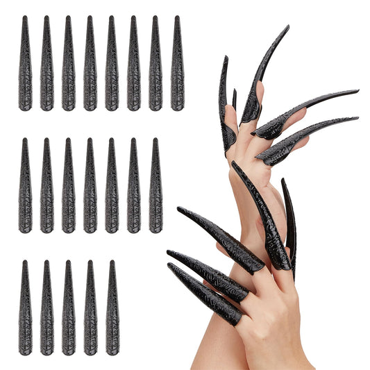 NICENEEDED 20 Pcs Long Finger Claws Fake Nail Rings, Black Fingernail Rings Claw, Knuckle Protectors Fingertip Extension Halloween Vampire Nails for Cosplay Drama Belly Dance Show