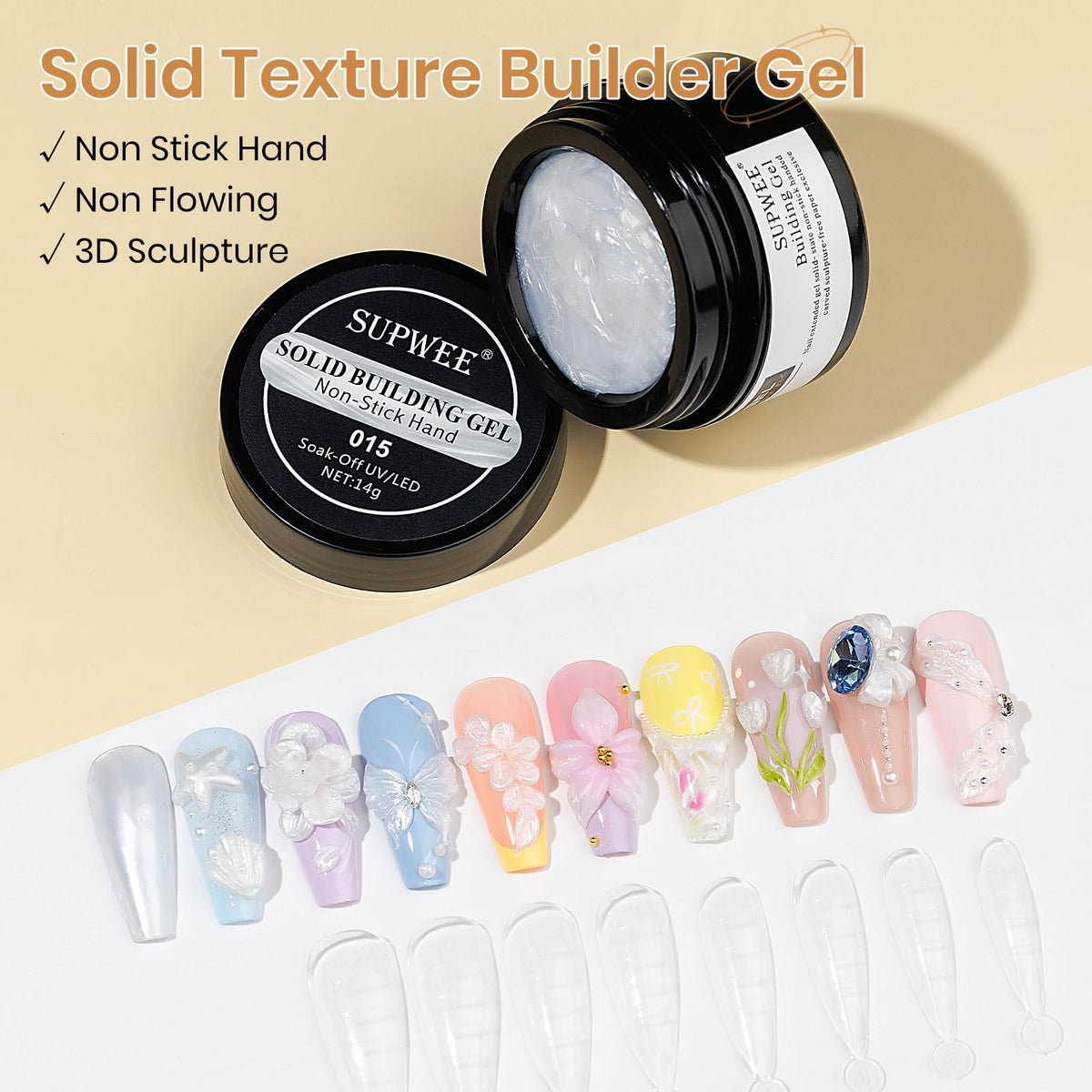 SUPWEE Solid Builder Gel, Pearl White 3D Sculpture Gel Nail Art Non-Stick Hand Nail Extension Varnish for Carving Patterns Decoration DIY Home Salon Manicre