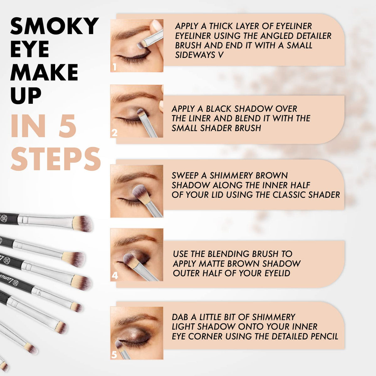Lamora Make Up Eye Brush Set - Eyeshadow Eyeliner Blending Crease Kit - Best Choice 7 Piece Essentials - Pencil, Shader, Tapered, Definer - Vegan Synthetic Bristles That Last Longer, Apply Better Makeup & Make You Look Flawless