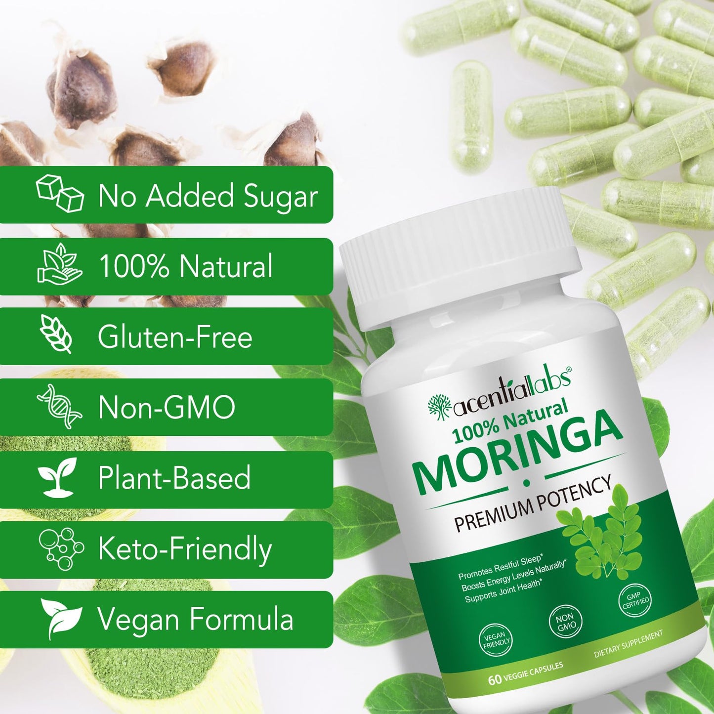 FSLHCY Moringa Capsules 800mg, Rich Moringa Powder Supports Energy, Joint & Immunity & Gut Health, Overall Vitality, Pure Vegan Extract Non-GMO (120pcs)
