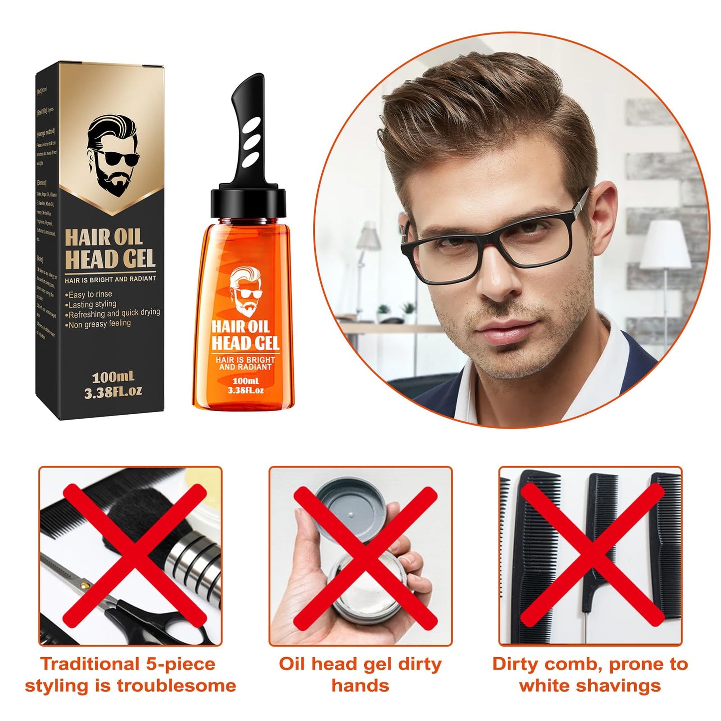 Bettinay Hair Gel Mens, 2 In 1 Long Lasting Fluffy Styling Gel with Comb, Moisturizing Hair Wax Gel